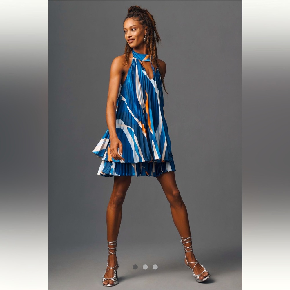 Anthropologie Blue Striped Pleated Halter Dress
